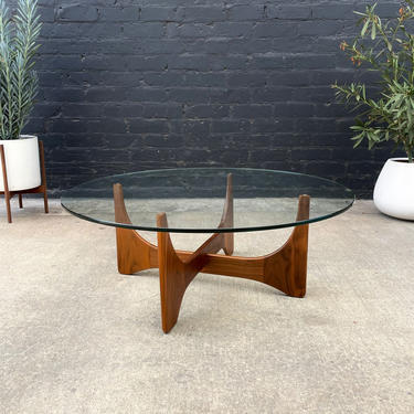 Mid-Century Modern Sculpted Walnut Coffee Table with Round Glass Top 