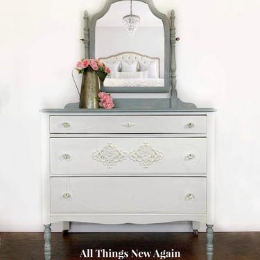 White Dresser | Dresser with Mirror | White Chest of Drawers | White and Gray Dresser | Modern Farmhouse | Shabby Chic | Vintage Dresser 