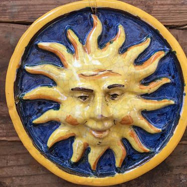 Sunshine Plaque, Ceramic Sun Face, Signed By Artist, Talavera Look, Vintage Anthropomorphic Sun Wall Hanging 