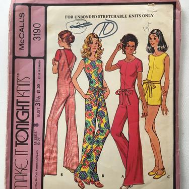 70's Vintage McCall's 3190 Sewing Pattern,  Size 8 Bust 31.5&amp;quot;, Knit Jumpsuit Two Lengths, Romper 1972 