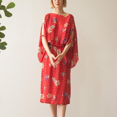 1970s Tomato Red Floral Rayon Kimono Sleeve Dress 