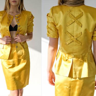 Vintage 80s Rena Lange Tuscany Yellow Silk Broad Shoulder &amp; High Waisted Skirt Suit | Made in West Germany | 100% Silk | 1980s Designer Set 