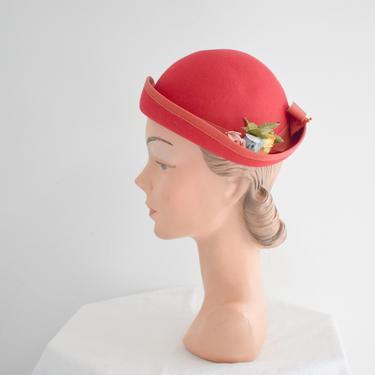 1930s/40s Red Wool Felt Hat with Flowers 