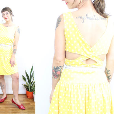 Vintage 80's yellow and white polka dot summer drop waist dress / 1980's open back criss cross mini dress / Women's Size Small by Ru
