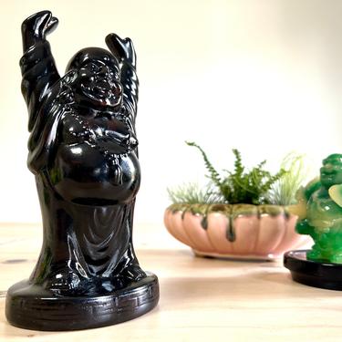 Vintage Ceramic Laughing Buddha, Black Chalkware Buddha Statue 