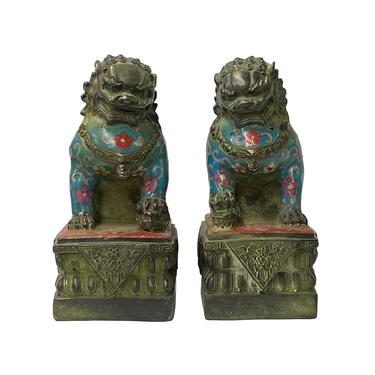 Chinese Pair Metal Blue Enamel Cloisonné Fengshui Foo Dog Figures ws1403E 