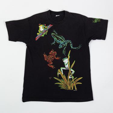 90s Tree Frog All Over Print T Shirt - Large | Vintage Unisex Black Graphic Animal Tee 
