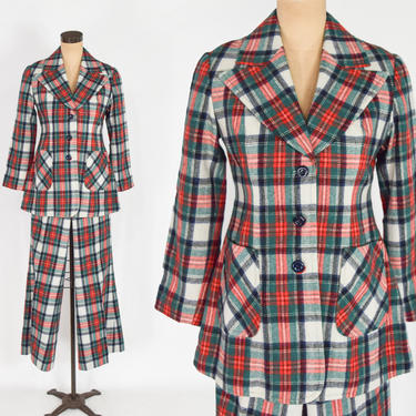 1970s Red &amp; Green Plaid Wool Pantsuit | 70s Plaid Wool Bell Bottom Pantsuit | Small 