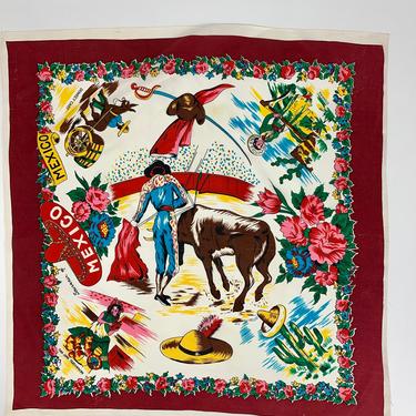 1940'S-50'S Old Mexico Tourist Scarf - Souvenir Scarf - Traditional Mexican Novelty Print - 28 Inches x 29 Inches 