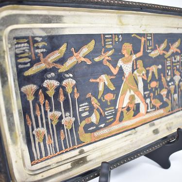 Vintage Egypt Scene Handmade Mixed Metals Tray or Wall Decor | Pre-strung Wall Hanging | Inlaid Metals Ancient Egypt Illustration Rectangle 