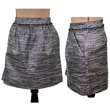 Y2K Tweed Mini Skirt Women Large, Blue Silver Metallic, High Waist Short A Line with Pockets, 2000s Clothes Vintage Clothing, GAP Size 14 