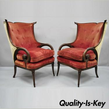 Pair of Carved Plume Spiral Arm Chairs Wingback Chairs Attr. to Grosfeld House