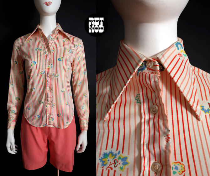 Vintage 70s Red White Pink Stripe with Flowers Long Sleeve