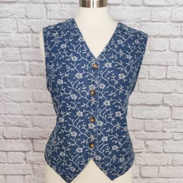 Vintage Denim Embroidered Vest //Button-up Blue and White SIZE LARGE 