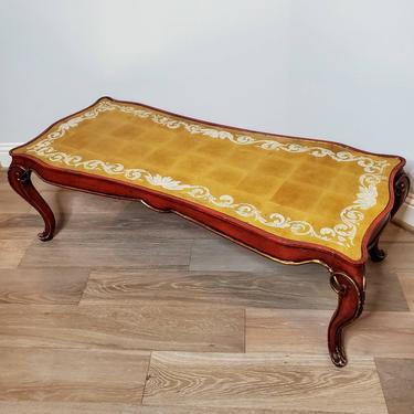 Venetian Mid-Century Louis XV Style Distressed Painted Red Gilt Wood  Cocktail Table / Vintage Coffee Table 