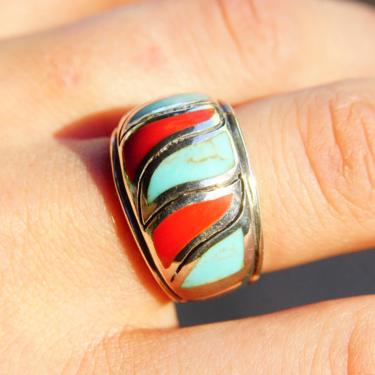 Vintage Sterling Silver Turquoise &amp; Coral Inlay Dome Ring, Southwestern Style, SX925 Thailand, Size 8 1/2 US 