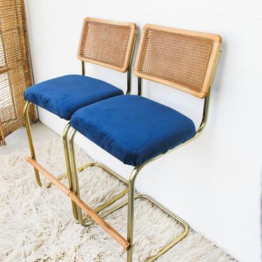 Set of 2 Vintage Marcel Breuer Chairs with Light Brown Wood and Cane Backs, Blue Faux Velvet Upholstered Seats and Gold Base 