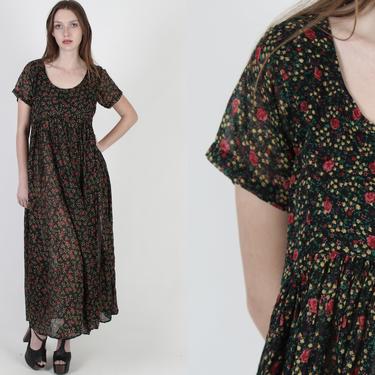 Vintage 90s Black Roses Floral Dress / Gypsy Grunge Festival Dress / 1990s Empire Waist Festival Babydoll Maxi Dress 