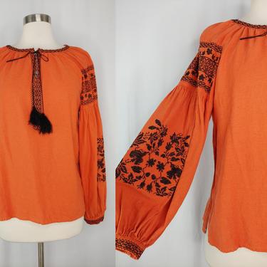 Vintage Seventies Orange Embroidered Peasant Blouse - 70s Long Sleeve Bohemian Hippie Top - Small Embroidered Long Sleeve Peasant Blouse 