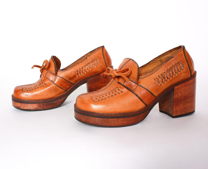 Vintage 70s Platform Heels 1970s Woven Brown Leather Wood Sole Lucky Vintage University District Seattle WA