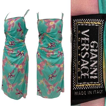 Vtg Vintage 1990s 90s Gianni Versace Silk Watercolor Ruched Floral Tank Dress 