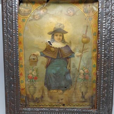 Antique Large Tin Nicho Icon with Infant of Prague, Mexican Folk Art, El Santo Nino de Atocha, Vintage Religious Folk Art Retablo 