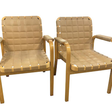 Pair of Alvar Aalto Armchairs with Buff Leather Straps, Finland, 1960&#8217;s
