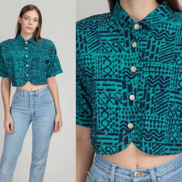 80s Batik Cropped Button Up Shirt - Medium | Vintage Oversize Blue Short Sleeve Collared Crop Top 