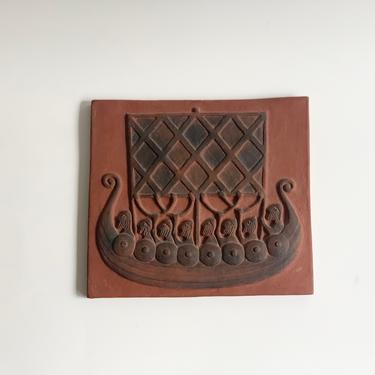 Vintage Danish Thyssen Keramik 'Viking Boat' Terracotta Tile