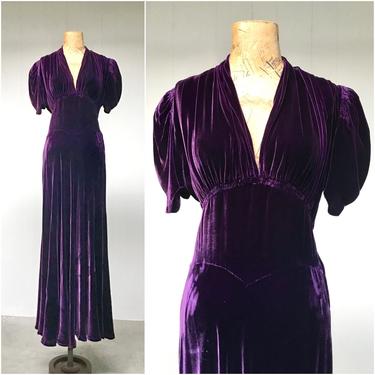 Vintage 1930s Purple Silk Velvet Evening Gown, Bias Cut Empire Waist Formal Dress w/Ruching, Art Deco Fashion, 34&amp;quot; Bust 