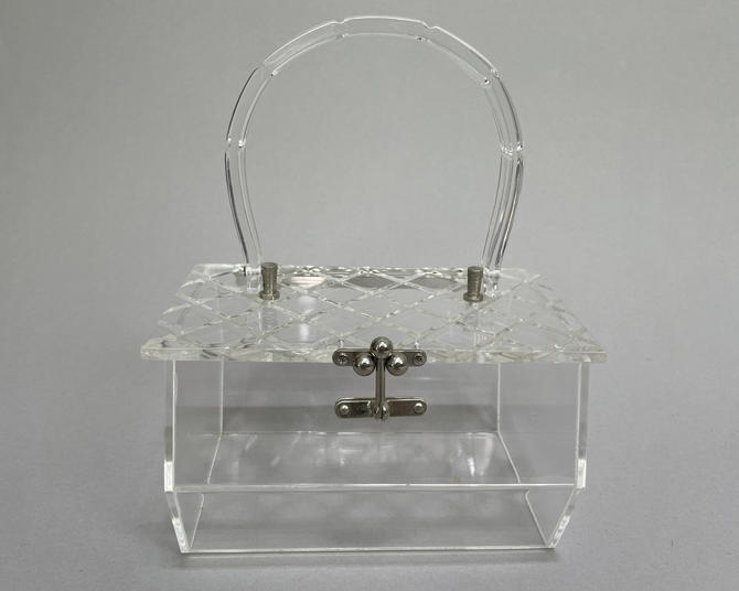 Vintage Stamped Metal Box Purse W/ Clear Lucite Hinged Lid & Single Handle  7×5