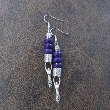 Unique earrings, silver mid century modern earrings, boho chic earrings, bohemian artisan earrings, goddess female figure earrings, purple 