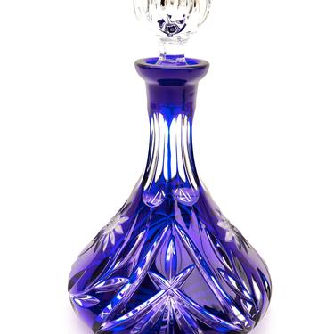 LAUSITZER Cobalt Blue to Clear Cut Crystal Decanter || W. German Margaret Pattern Stunning Prismatic Ships Decanter 