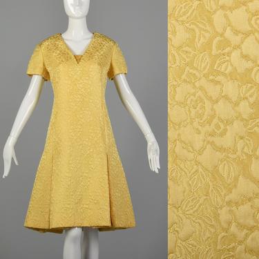 1960s Christian Dior Mod Yellow Brocade Shift Dress Designer Day Dress Short Sleeve 