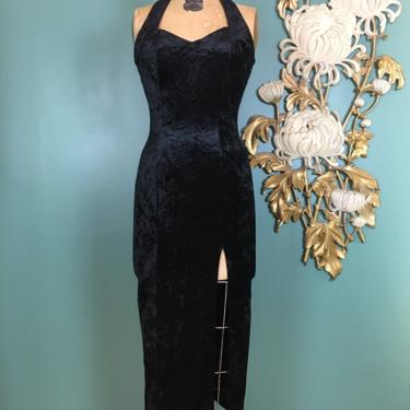 1980s bandage dress, hourglass dress, vintage 80s dress, Black velvet dress, all that jazz, front slit, body con, halter dress, small medium 