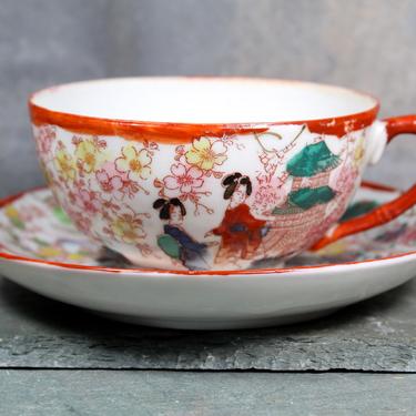 Japanese Geisha Teacup and Saucer - Hand Painted Japanese Porcelain - Japanese Gardens and Beautiful Geisha | FREE SHIPPING 
