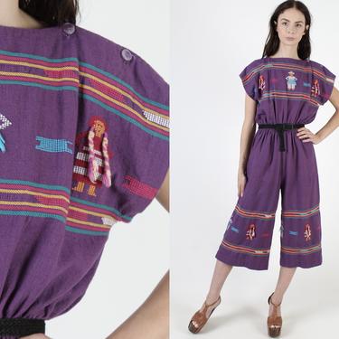 Guatemalan Villager Embroidered Jumpsuit / Purple Cotton Mexican Playsuit / Vintage Ethnic Goucho Pants / Cropped Playsuit With Pockets 