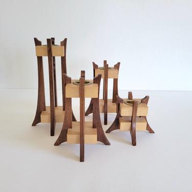 Vintage Mid-Century Wood Candle Holders, Set of 4 Geometric Wooden Candlesticks 