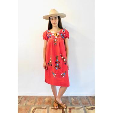 Hand Embroidered Dress // vintage sun Mexican red embroidered floral 70s boho hippie cotton hippy midi // S Small 