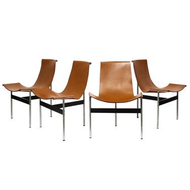 Laverne Set of Four "T Chairs" in Stainless Steel and Brown Leather 1950s