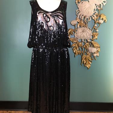 Judith ann dress, black sequin dress, vintage 80s dress, plus size dress, trompe l'oleil, beaded dress, flapper style, 80s cocktail dress 