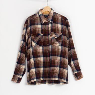 70s 80s Plaid Cotton Flannel Workwear Shirt - Men's XL | Vintage Brown White Button Up Overshirt 