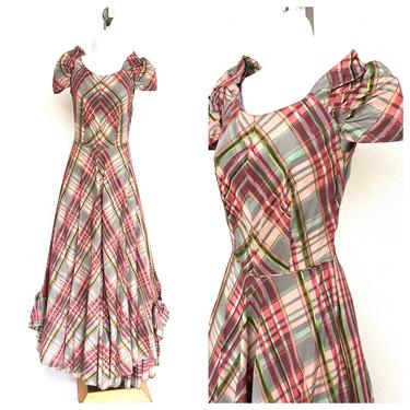 Vintage VTG 1940s 40s Emma Domb Party Line Plaid Taffeta Gown Dress 