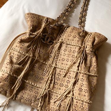 Vintage CHANEL CC Logo Perforated &amp; Crochet Brown Suede Tote Bag with Fringe Detailing!  WOW!!! 