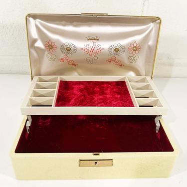 Vintage Ivory Farrington Jewelry Box Beige White Red Rose Pink Gold Floral Hard Case Vintage Velvet Vanity Retro Storage 1950s 50s Key 