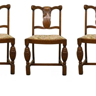 Set Of 3 1920s Antique Solid Oak Splat Back Vanity / Accent Chairs W. Carved Flowers 