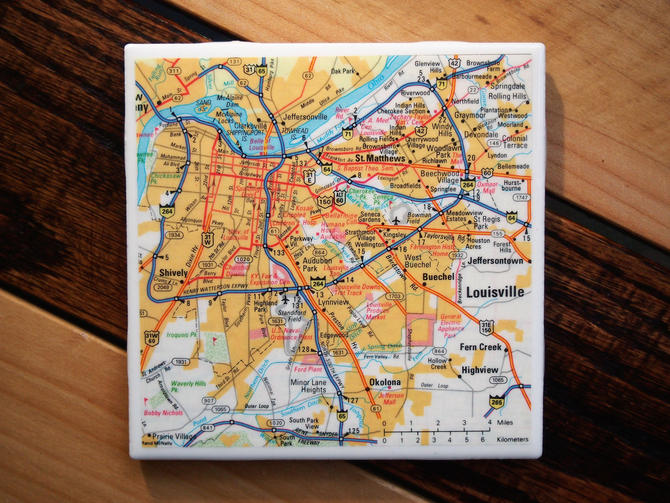 1990 Louisville Kentucky Handmade Repurposed Vintage Map Coaster ...