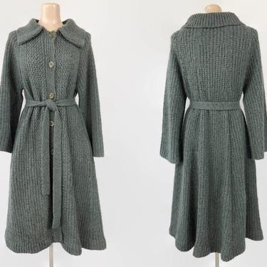 VINTAGE 80s Dusty Green Knit Wool Mohair Long Belted Cardigan Jacket | 80s BOHO Sweater Coat | Vintage Bell Sleeve Knit Duster 
