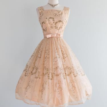 Beautiful 1950s Peach Floral Print Party Dress / Small