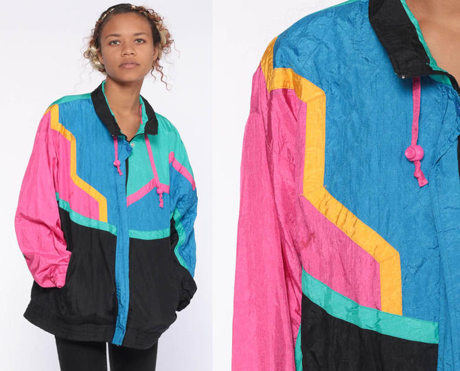 90s Windbreaker 80s Jacket Black Shiny Pink Bright Blue Yellow, Shop Exile